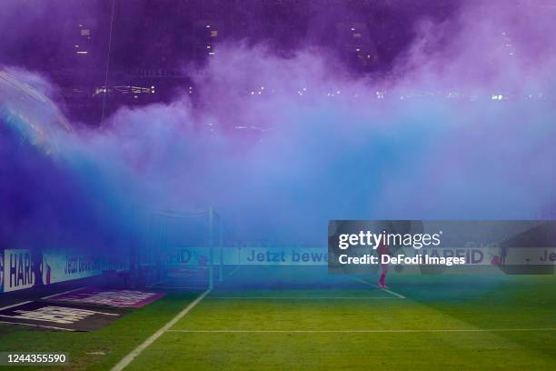 Game suspended due to too much smoke on the pitch during the Bundesliga match between FC Schalke 04 and Sport-Club Freiburg at Veltins-Arena on...