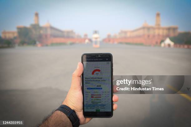 Thick smog is seen near the Central Vista as Delhi observes another day of very poor air quality, at Vijay Chowk on October 30, 2022 in New Delhi,...