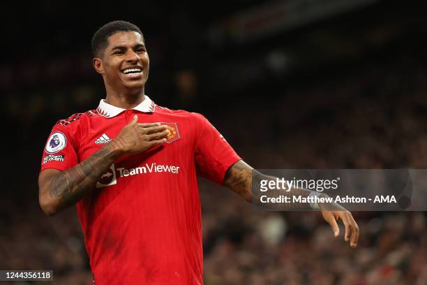Marcus Rashford of Manchester United celebrates after scoring a goal to make it 1-0, his 100th goal, during the Premier League match between...