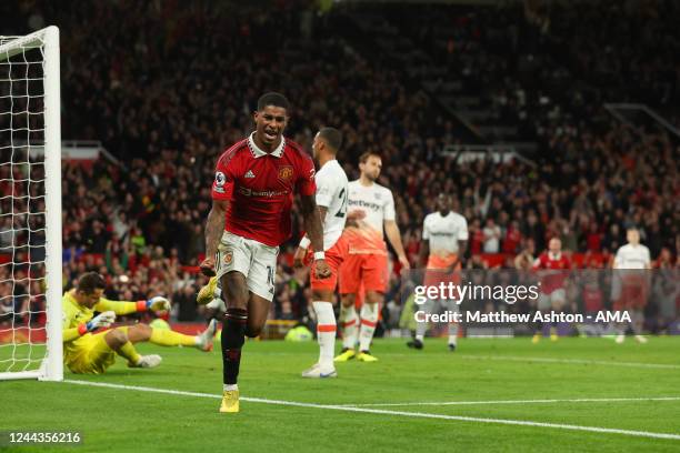 Marcus Rashford of Manchester United celebrates after scoring a goal to make it 1-0, his 100th goal, during the Premier League match between...