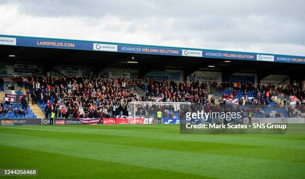 General view of Hearts fans during a cinch Premiership match between Ross County and Hearts at the Global Energy Stadium, on October 30 in Dingwall,...