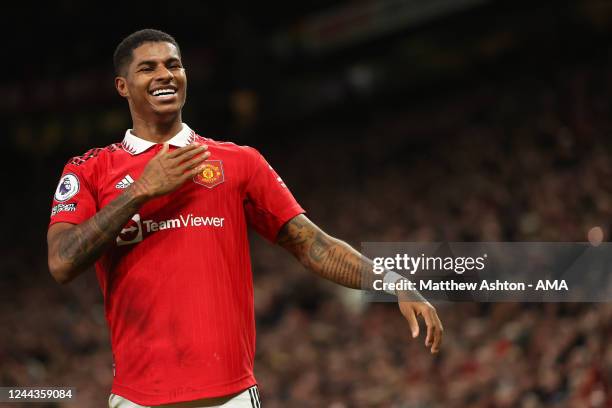 Marcus Rashford of Manchester United celebrates after scoring a goal to make it 1-0, his 100th goal, during the Premier League match between...