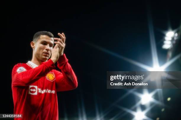 Cristiano Ronaldo of Manchester United applauds the fans at the end of the Premier League match between Manchester United and West Ham United at Old...