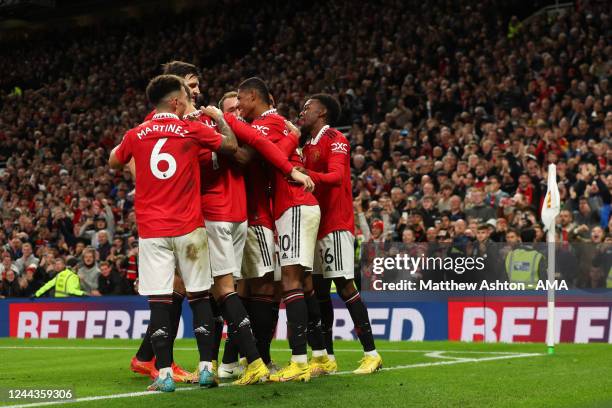 Marcus Rashford of Manchester United celebrates after scoring a goal to make it 1-0, his 100th goal, during the Premier League match between...