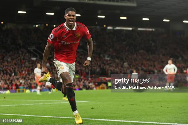 Marcus Rashford of Manchester United celebrates after scoring a goal to make it 1-0, his 100th goal, during the Premier League match between...