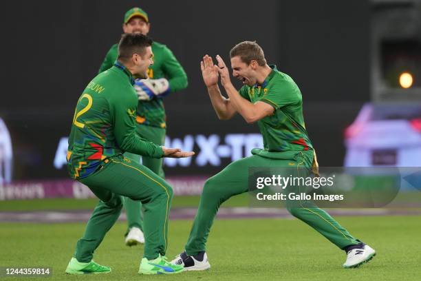 Anrich Nortje of proteas celebrates with teammate during the 2022 ICC Men's T20 World Cup match between South Africa and India at Optus Stadium on...