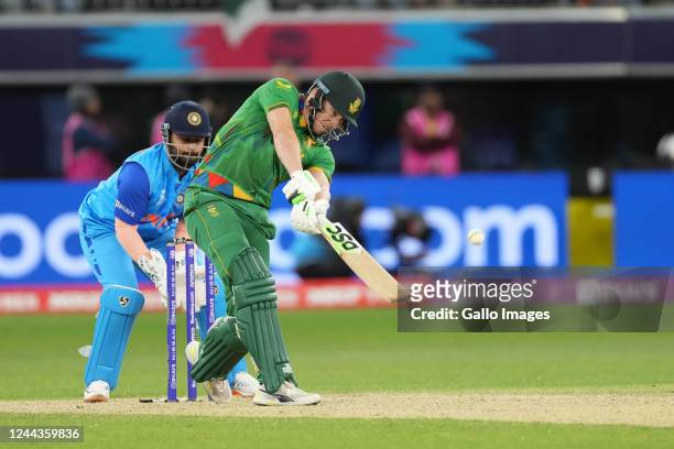 David Miller of proteas playing a shot during the 2022 ICC Men's T20 World Cup match between South Africa and India at Optus Stadium on October 30,...
