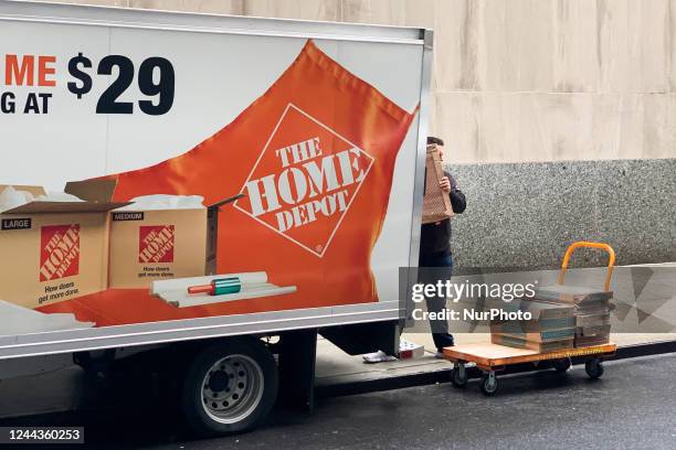 The Home Depot logo is seen on a truck in New York City, United States on October 23, 2022.