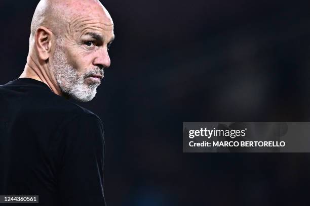 Milans Italian coach Stefano Pioli looks on before the Italian Serie A football match between Torino and AC Milan at the Grande Torino Stadium in...