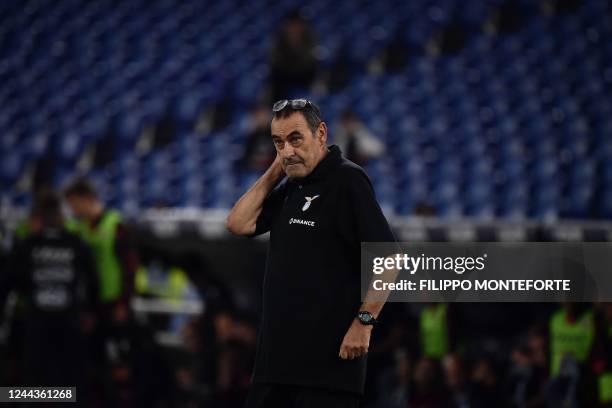 Lazio's Italian coach Maurizio Sarri reacts during the Italian Serie A football match between Lazio and Salernitana at the Olympic stadium in Rome on...