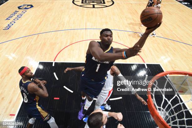 Zion Williamson of the New Orleans Pelicans drives to the basket during the game against the LA Clippers on October 30, 2022 at Crypto.Com Arena in...