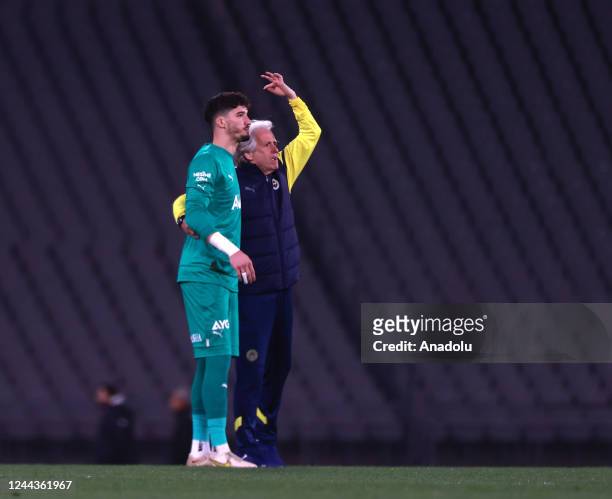 Fenerbahce head coach Jorge Jesus and goal keeper Altay Bayindir greet fans as they celebrate after winning the Turkish Super Lig week 12 match...