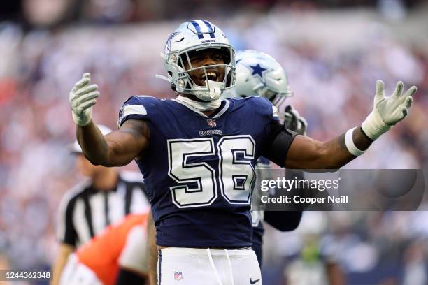 Dante Fowler Jr. #56 of the Dallas Cowboys celebrates after a play against the Chicago Bears during the second half at AT&T Stadium on October 30,...