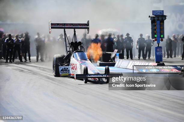 Steve Torrence Capco Racing/Torrence Motorsports NHRA Top Fuel Dragster takes to the track during the NHRA Nevada Nationals on October 30, 2022 at...