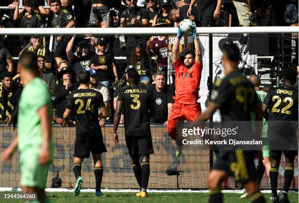 Goalkeeper Maxime Crepeau of Los Angeles FC makes a save during the second half during the Western Conference Finals of the 2022 MLS Cup Playoffs...