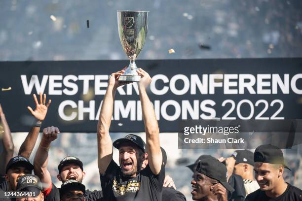 Giorgio Chiellini of Los Angeles FC and Los Angeles FC celebrates winning the Western Conference Final following the MLS Cup Western Conference Final...