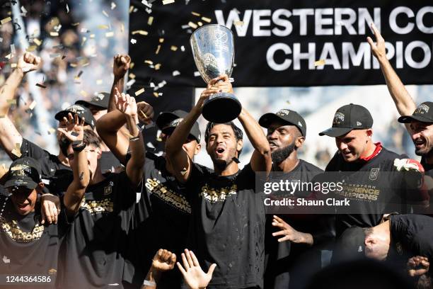 Carlos Vela of Los Angeles FC and Los Angeles FC celebrates winning the Western Conference Final following the MLS Cup Western Conference Final match...