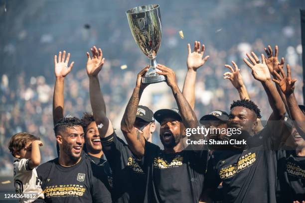 Kellyn Acosta of Los Angeles FC and Los Angeles FC celebrates winning the Western Conference Final following the MLS Cup Western Conference Final...