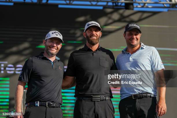 Branden Grace of Stinger GC, Team Captain Dustin Johnson of 4 Aces GC and Peter Uihlein of Smash GC pose on the podium after being named top three...