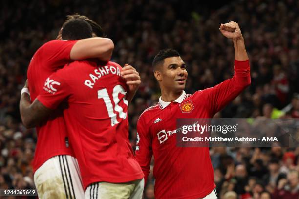 Casemiro of Manchester United celebrates after his side scored the winning goal to make it 1-0 during the Premier League game between Manchester...