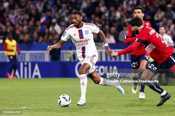Jeff Reine-Adelaide of Olympique Lyonnais controls the ball during the Ligue 1 match between Olympique Lyonnais and LOSC Lille at Groupama Stadium on...