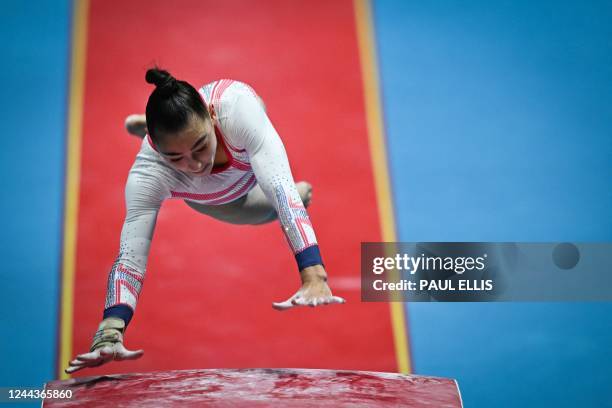 Britain's Jessica Gadirova competes during the Women's Vault qualification event during the World Gymnastics Championships in Liverpool, northern...