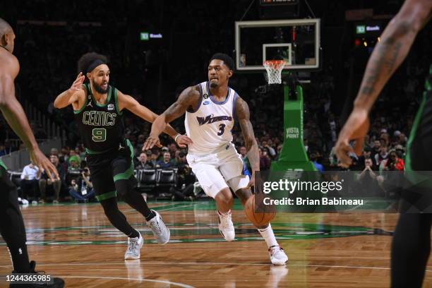 Bradley Beal of the Washington Wizards drives to the basket during the game against the Boston Celtics on October 30, 2022 at the TD Garden in...