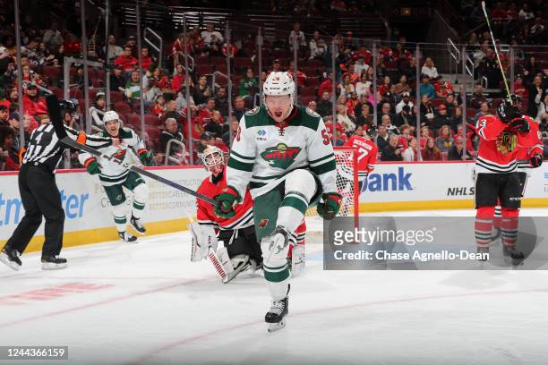 Mason Shaw of the Minnesota Wild celebrates after scoring against the Chicago Blackhawks in the first period at United Center on October 30, 2022 in...