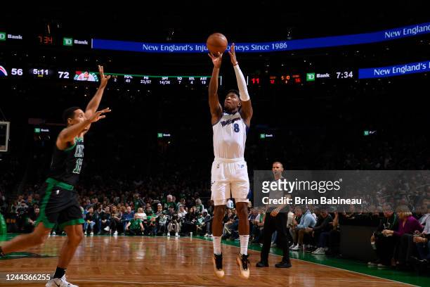 Rui Hachimura of the Washington Wizards shoots a three point basket during the game against the Boston Celtics on October 30, 2022 at the TD Garden...