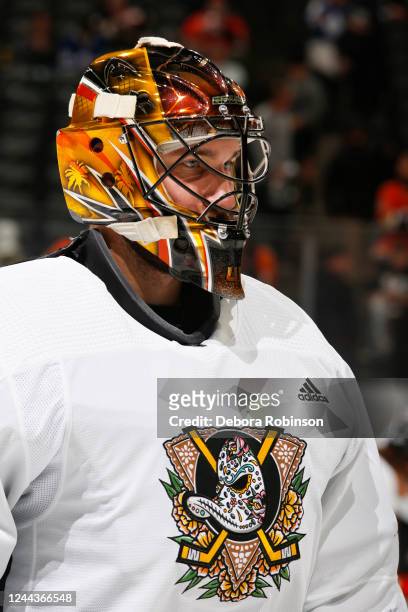 Anthony Stolarz of the Anaheim Ducks looks on during warm ups prior to the game against the Toronto Maple Leafs at Honda Center on October 30, 2022...