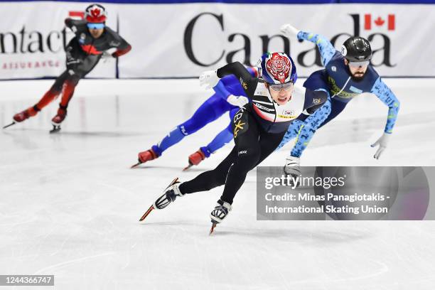 Ji Won Park of the Republic of Korea gives his team the lead in the men's 5000 meter relay final against Team Kazakhstan, Team Italy and Team Canada...