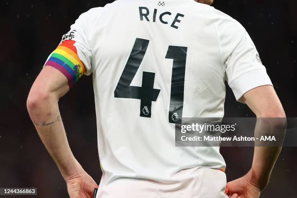 The rainbow captain armband on Declan Rice of West Ham United during the Premier League game between Manchester United and West Ham United at Old...