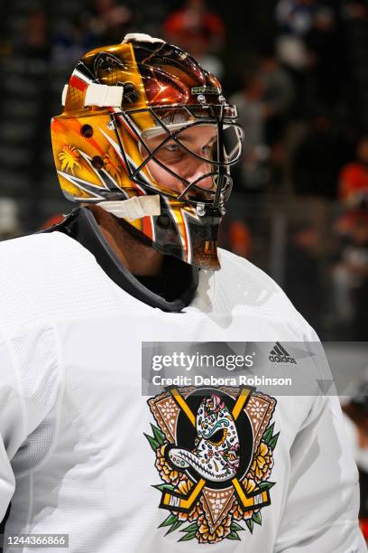 Anthony Stolarz of the Anaheim Ducks looks on during warm ups prior to the game against the Toronto Maple Leafs at Honda Center on October 30, 2022...