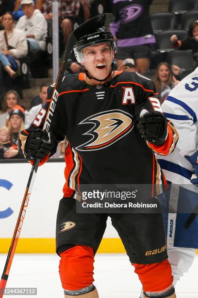 Jakob Silfverberg of the Anaheim Ducks celebrates his goal during the first period against the Toronto Maple Leafs at Honda Center on October 30,...