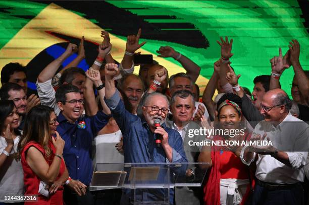 Elected president for the leftist Workers Party Luiz Inacio Lula da Silva speaks after winning the presidential run-off election, in Sao Paulo,...