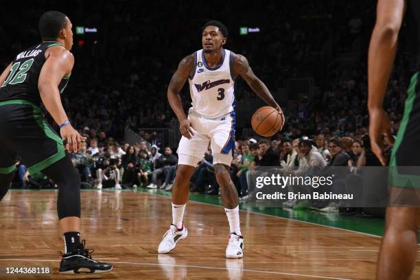 Bradley Beal of the Washington Wizards handles the ball during the game against the Boston Celtics on October 30, 2022 at the TD Garden in Boston,...