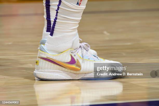 The sneakers worn by LeBron James of the Los Angeles Lakers during the game against the Denver Nuggets on October 30, 2022 at Crypto.Com Arena in Los...