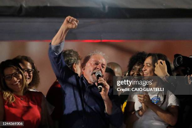 Brazilian president-elect for the leftist Workers Party Luiz Inacio Lula da Silva delivers a speech to supporters at the Paulista avenue after...