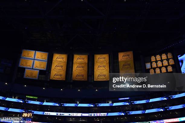 View of the championship banners before the game between the Los Angeles Lakers and the Denver Nuggets on October 30, 2022 at Crypto.Com Arena in Los...