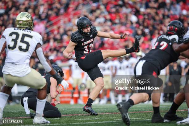 James Turner of the Louisville Cardinals kicks a field goal during the game against the Wake Forest Demon Deacons at Cardinal Stadium on October 29,...