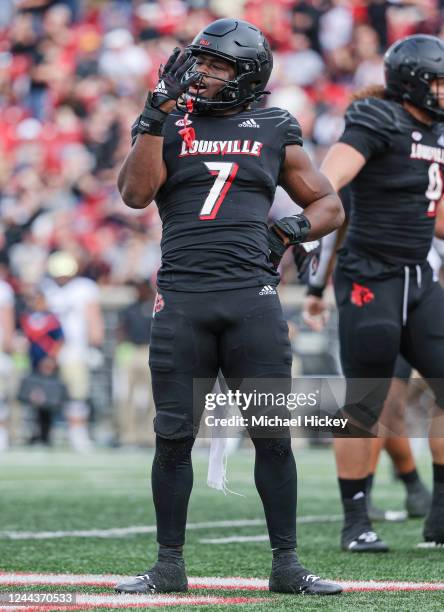 Monty Montgomery of the Louisville Cardinals reacts during the game against the Wake Forest Demon Deacons at Cardinal Stadium on October 29, 2022 in...