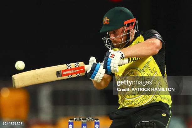 Australia's Aaron Finch plays a shot during the ICC men's Twenty20 World Cup 2022 cricket match between Australia and Ireland at The Gabba on October...