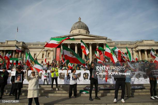 Iranian protesters gather at Trafalgar Square as they continue to call for justice for Mahsa Amini who died at a hospital in Tehran, Iran, during her...