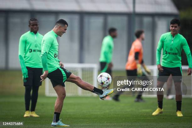 Sporting's Spanish midfielder Pedro Porro and teammates take part in a training session at the Cristiano Ronaldo academy training ground in...