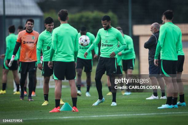 Sporting's Netherland's defender Jeremiah St. Juste and teammates take part in a training session at the Cristiano Ronaldo academy training ground in...