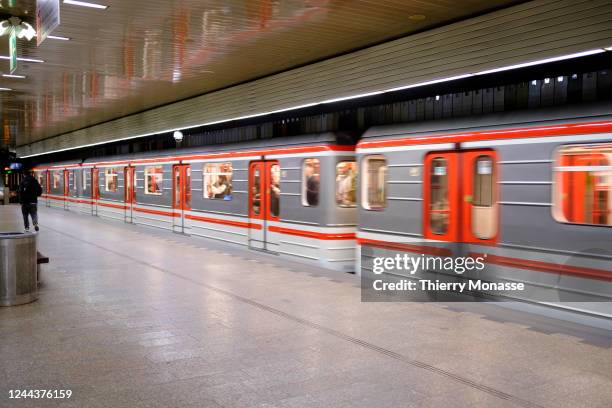 Passengers are waiting for the metro in Dejvicka metro station on October 9, 2022 in Prague, Czech Republic. Dejvická is a Prague Metro station on...