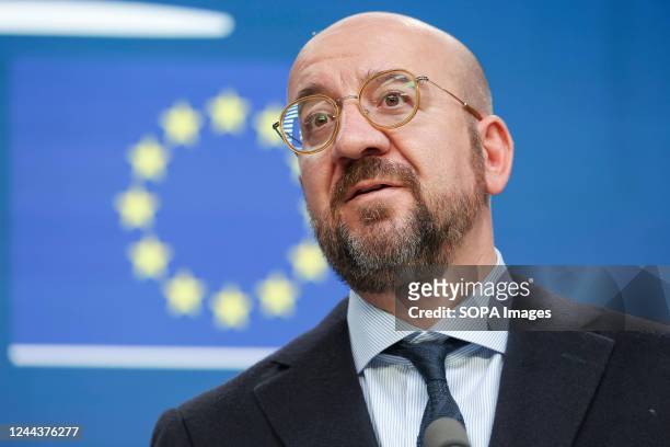 The President of the European Council Charles Michel speaks during a joint press conference with Ursula von der Leyen after the first day of the...