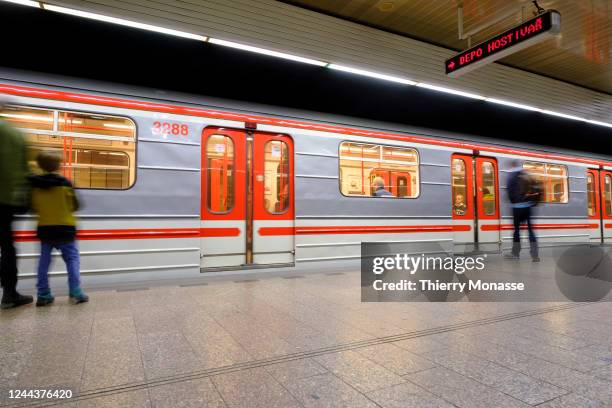 Passengers waiting for the train to stop in Dejvicka metro station on October 9, 2022 in Prague, Czech Republic. Dejvická is a Prague Metro station...