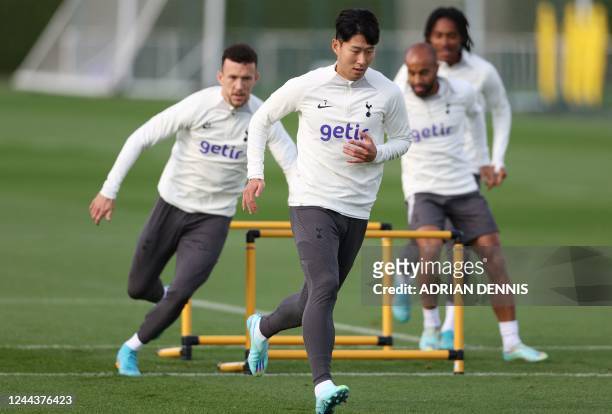 Tottenham Hotspur's South Korean striker Son Heung-Min attends a team training session at the Tottenham Hotspur Football Club Training Ground in...