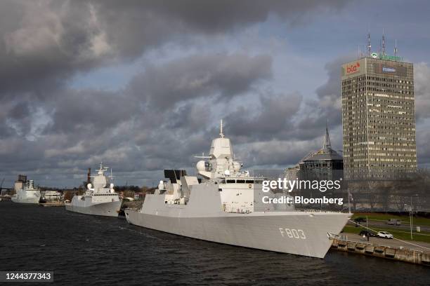 Naval frigates from the Netherlands, Tromp , Norway, HNoMS Roald Amundsen and Denmark, Esbern Snare , left to right, part of the Standing NATO...